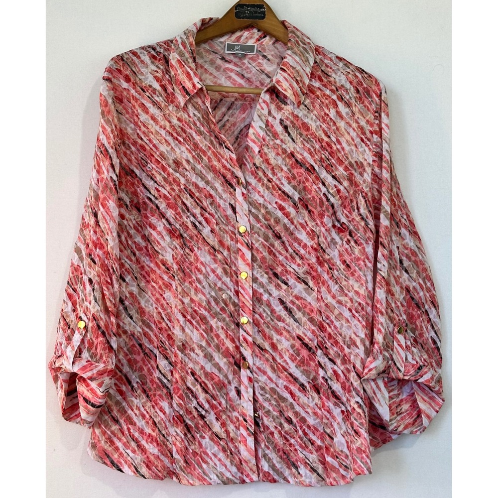JM Collection Blouse Abstract Stripe Roll Tab Womens 18 Comfort Travel